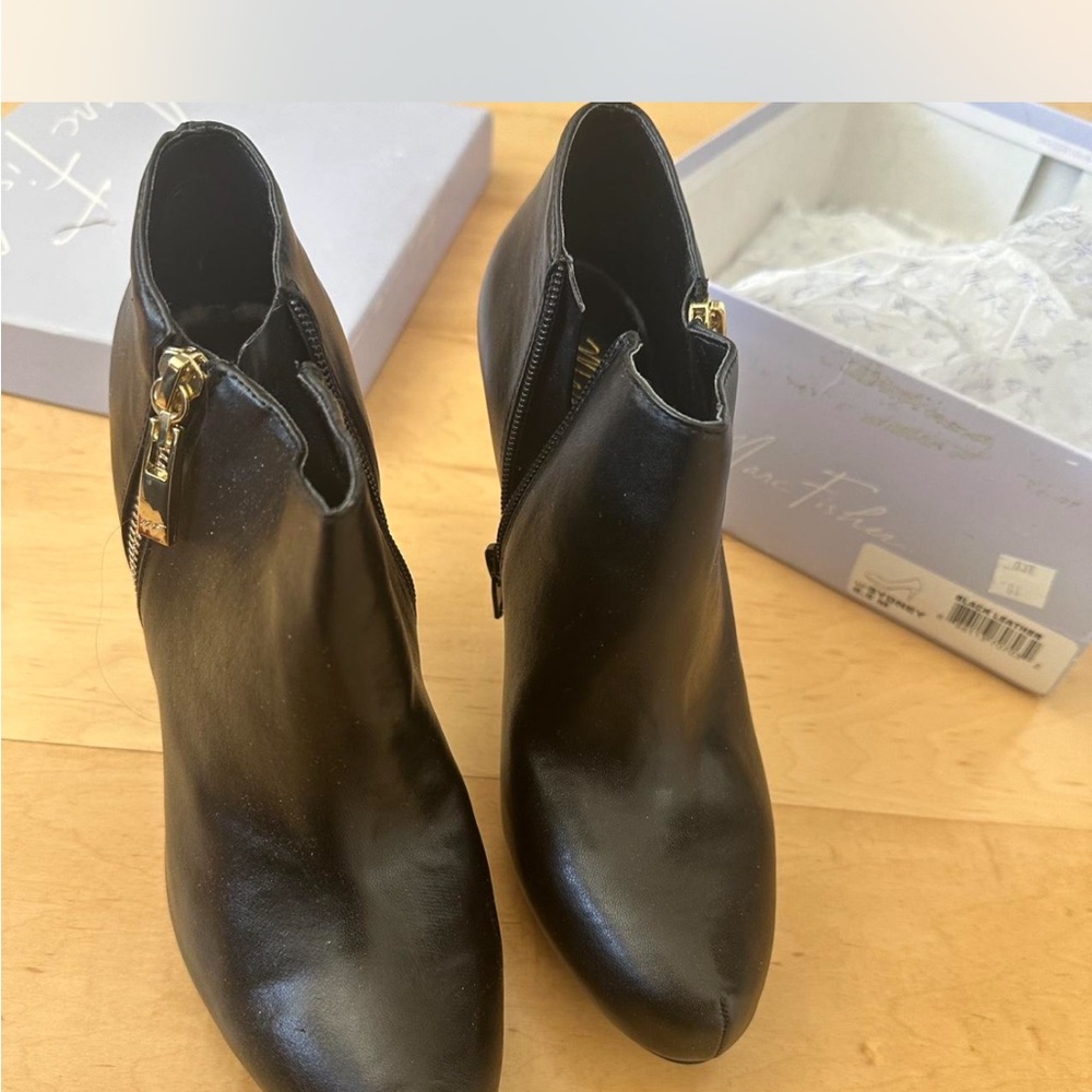 Marc Fisher Black Leather Ankle Booties with Gold Zippers